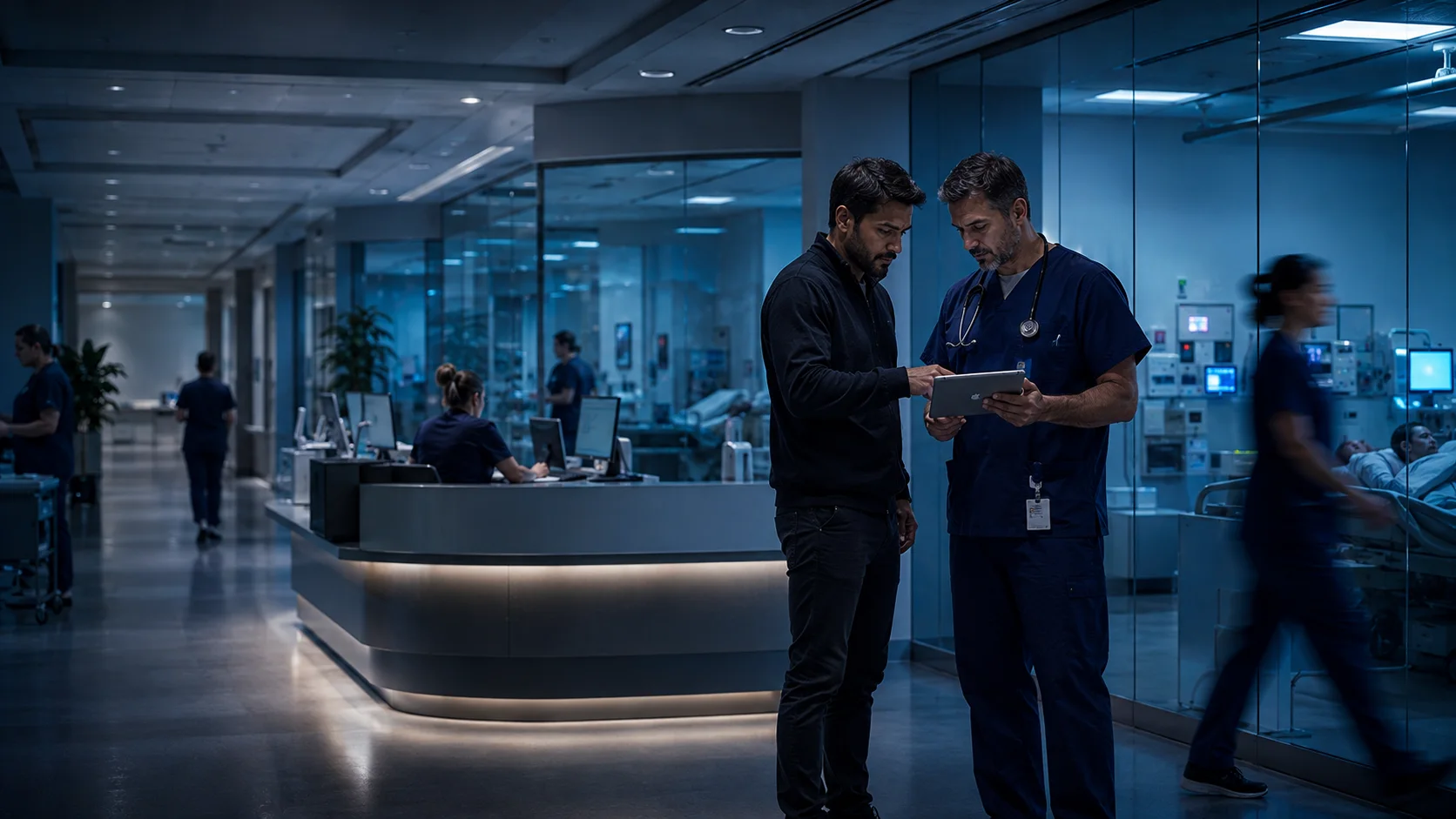 Profissional de tecnologia e médico analisam uma solução digital dentro da operação hospitalar